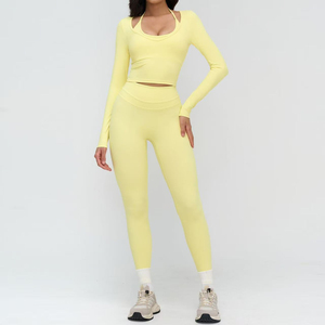 Conjunto Deportivo de 2 Piezas para Mujer, Top Corto con Cuello Halter de Spandex/Nailon y Leggings de Cintura Alta, Absorbente de Sudor y de Secado Rápido - Product Image 6