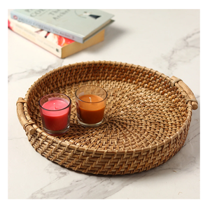 Bandeja de servir y almacenamiento rústica de ratán tejido con asa para café, aperitivos, desayuno, estilo rústico, para uso en la cocina. - Product Image 3