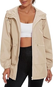 Veste coupe-vent à capuche pour femme, manches longues, fermeture éclair, imperméable, décontractée, couleur unie beige, longueur normale - Product Image 6