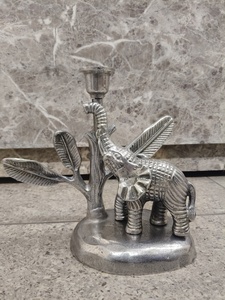 Silver <b>Elephant</b> & Palm Tree Candlestick Holder intricately detailed trunk-up <b>elephant</b> standing beneath palm tree sculptural art - Product Image 1