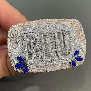 Iced Out <b>Gold</b> Plated S925 Silver <b>Cocktail</b> <b>Ring</b> Diamond Baguette Cut Letters Blue Inlay Pave Setting Hiphop Style Diamond <b>Ring</b> - Product Image 5