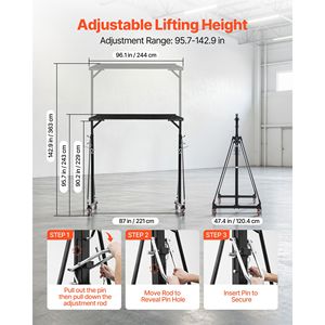 Grue portique réglable, capacité 2200 lb, élévateur d'atelier portable, hauteur réglable 95,7-142,9 pouces, roues verrouillables - Product Image 4