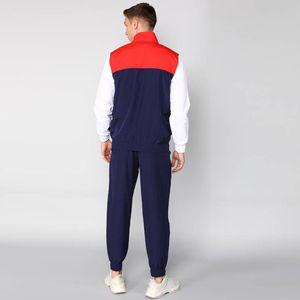 Ensemble de survêtement pour homme bleu marine, rouge et blanc, avec veste zippée à col montant et pantalon de jogging à revers, tenue de sport active - Product Image 2