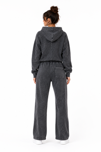 Conjunto de Sudadera con Capucha Oversize de Forro Polar Lavado y Pantalones de Chándal de Pierna Ancha para Mujer, Estilo Y2K, Color Liso, OEM, Ajuste Holgado - Product Image 3