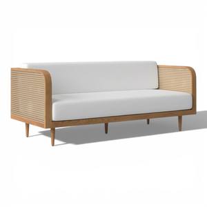 Canapé 3 places en bois de teck naturel de style Mid-Century Modern avec accoudoirs en cannage de rotin tressé à la main et revêtement en tissu blanc minimaliste - Product Image 1