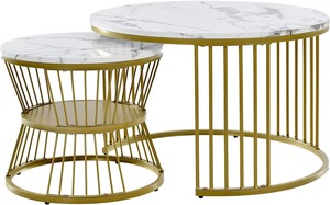 Modern <b>Round</b> Nesting <b>Coffee</b> <b>Table</b> Set of 2, White <b>Marble</b> Look Top, Plywood Frame, Living Room Side <b>Tables</b> - Product Image 2