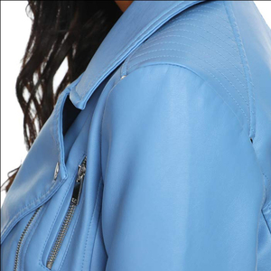 Veste moto en similicuir bleu clair pour femme avec fermeture éclair, col rabattu, manches longues, vêtement d'extérieur décontracté - Product Image 6