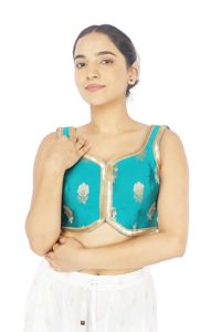Haut court bohème turquoise à col en V avec imprimé floral, broderie de sequins et impression métallisée pour femme, idéal pour les mariages - Product Image 1