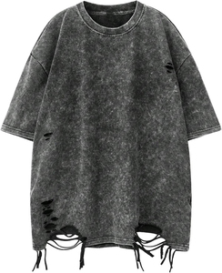 Unisex Distressed Ripped Holes Acid Wash Drop Shoulder Oversized Baggy Fit Heavyweight Cotton Vintage Hip Hop Streetwear Tee <b>Y2K</b> - Product Image 1
