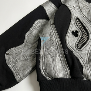 Sweat à capuche d'hiver pour homme en 100% coton, délavé à l'acide, vintage, patchwork, à bords vieillis, brodé, en tissu épais, style décontracté - Product Image 4