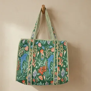 100% Cotton Hand Block Printed Quilted Traditional Indian French Country Handcrafted Storage Tote <b>Bags</b> with <b>Large</b> Capacity - Product Image 5