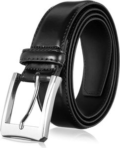 <b>Black</b> Genuine Leather Formal <b>Belt</b> with Silver Rectangular Pin Buckle Durable Men's Dress <b>Belt</b> - Product Image 1