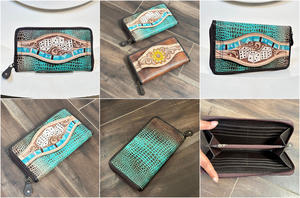 กระเป๋าสตางค์มีซิปหนังแท้ลายนูนหนังจระเข้สำหรับผู้หญิงหลายช่องใส่บัตรกระเป๋าคลัทช์สำหรับเดินทางพร้อมช่องใส่มือ - Product Image 3