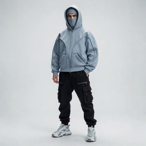 Sweat à capuche zippé intégral surdimensionné personnalisé pour homme, style streetwear futuriste, épais, avec masque intégré, veste urbaine zippée - Product Image 6