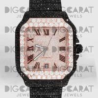 Montre à quartz Moissanite à cadran rond de 41 mm, coupe carrée, résistante à l'eau, chiffres romains, analogique, de luxe, entièrement sertie de pierres, pour la vente en gros