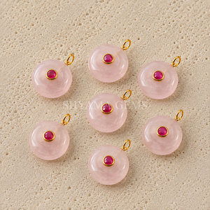 Pendentif rond en quartz rose incrusté de 15 mm pour créations de bijoux romantiques, colliers faits à la main, fournitures d'artisanat, vente en gros - Product Image 4