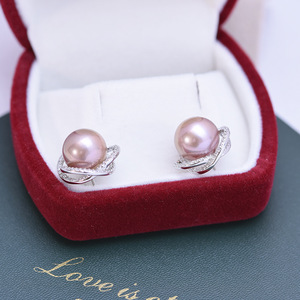 Pendientes de Perlas Redondas de Agua Dulce de 11-12 mm, Estilo Simple, para Mujer, Color Morado, con Luz Intensa y Ligeras Imperfecciones, Venta al por Mayor - Product Image 3