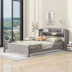 Letto matrimoniale in legno grigio antico con luci LED, testiera contenitore e sponda di protezione - Product Image 3