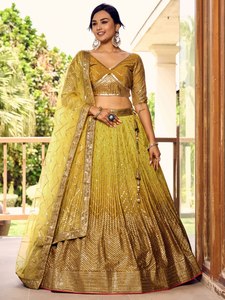 Yellow <b>Sequin</b> Embroidered Geometric Pattern V-neck Three Quarter Sleeve Polyester/Cotton Women's Traditional Lehenga Choli Set - Product Image 2