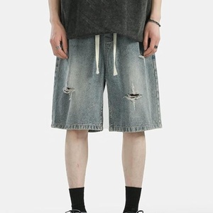 <b>Men's</b> <b>Drawstring</b> Denim Shorts Acid Wash Ripped Distressed Relaxed Fit Casual Streetwear High Street Style Denim Shorts <b>Men</b> Oem - Product Image 1