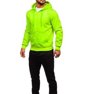 Sudadera con capucha de forro polar para hombre, con cremallera, verde neón, informal, holgada, de manga larga, con logo frontal, para invierno - Product Image 2