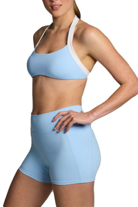 Sujetador deportivo halter sin costuras azul claro para mujer, soporte medio, top de yoga de color liso con cuello redondo, de elastano y nailon - Product Image 4