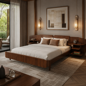 Cama de plataforma moderna de lujo de madera maciza para hotel con mesitas de noche integradas, elegante mobiliario de dormitorio para villas y resorts. - Product Image 1