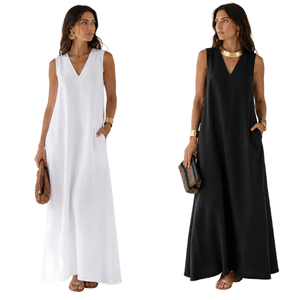 Hot Sale Women's Elegant <b>White</b> Floor Length Dress with Pockets V-Neckline Spring/Summer Breathable Eco-Friendly Women Long Dress - Product Image 1