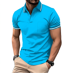 Polo de Manga Corta Negro para Hombre con Bolsillo, Color Sólido, Diseño Casual de Algodón Transpirable, Corte Regular - Product Image 3
