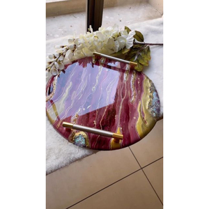 Wholesale Luxury White Flower <b>Epoxy</b> Resin Serving Tray With Gold Handles Decorative <b>Coffee</b> <b>Table</b> Centerpiece Vanity Platter - Product Image 3