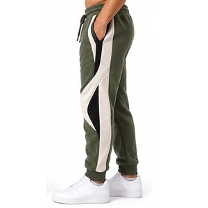 Custom Men Fleece Jogger Pants Olive Green Color Block Panel Sweatpants <b>Elastic</b> <b>Waist</b> Cuffed Hem OEM Wholesale Supplier <b>Trouser</b> - Product Image 3