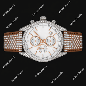 Montre de luxe avec cadran blanc et accents de diamants, style chronographe, bracelet marron étincelant, montre élégante et remarquable pour les modernes - Product Image 3