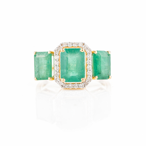 18K Gold Three Stone Emerald Diamond <b>Ring</b> for Women Solid Gold <b>Resizable</b> - Product Image 2