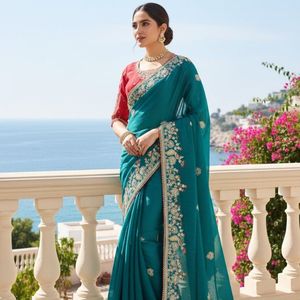 Sari en soie et mousseline pour femme avec broderies et bordure à passepoil, sari de créateur pour occasions spéciales, prix de gros par Royal Export - Product Image 1