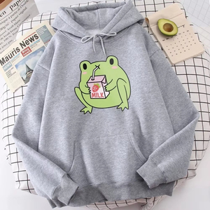 Sweat-shirt à capuche pour femme, imprimé mignon fraise lait grenouille, tendance professionnelle, décontracté, en polaire douce pour l'automne - Product Image 6