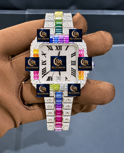 Montre de luxe de haute qualité, carrée, entièrement sertie de diamants, pierres précieuses arc-en-ciel, chiffres romains, acier inoxydable, analogique, mécanique, alarme GPS - Product Image 1