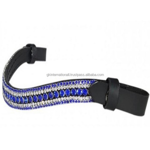 Bande de front de cheval en cuir de selle noir en forme de vague chaîne en métal de cristaux bleu royal à 5 rangées avec boutons-pression réglables extrémité de boucle - Product Image 2