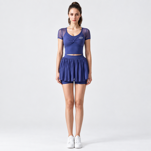 Ensemble de yoga 2 pièces pour femme, bleu uni, haut torsadé à col rond, jupe-short taille haute, respirant, en Spandex et Polyester, tenue de sport - Product Image 1