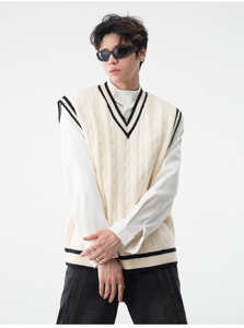 Men's Acrylic Letter Vest Sweater V-Neck Sleeveless Pullover Anti-Wrinkle Anti-Shrink Heather Color Space <b>Dye</b> Autumn ODM Knitted - Product Image 2