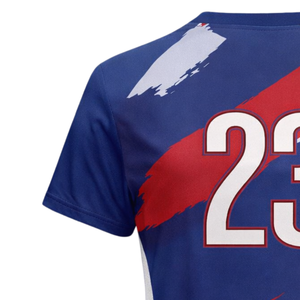 Maillot de football personnalisé pour femmes, bleu, rouge et blanc, design brossé, manches courtes, respirant, séchage rapide, uniforme d'équipe de football pour filles - Product Image 6