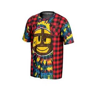 New article <b>Men's</b> Tie-Dye Plaid Short Sleeve O-Neck T-Shirt With Smiley Helmet Print Casual Wear - Product Image 4