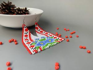 TRENDING USA Tribal seed bead fringe earrings - Traditional Ukrainian red ornament blue <b>flower</b> earring FOR WEDDING - Product Image 2