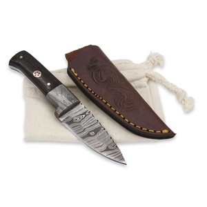 Cuchillo de Caza de Hoja Fija de Acero de Damasco, Punta Caída, Borde Recto, Mango de Madera, Funda de Cuero, Cuchillo para Acampar al Aire Libre - Product Image 6
