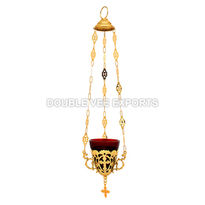 Cross Carved Brass Hanging Sanctuary <b>Lamp</b> with Red Glass T-Light – Church Vigil <b>Lamp</b> | DOUBLE VEE EXPORTS - Product Image 2
