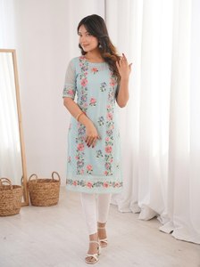 Indian Designer Women's Silk Kurti Pent Heavy <b>Chikankari</b> Embroidery Georgette Silk Fabric Wedding/Party Wear Semi-Stitched - Product Image 1