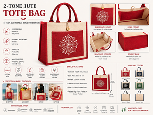 Two Tone Red Laminated Jute Tote <b>Bag</b> With Large Front Pocket Eco Friendly <b>Reusable</b> Shopping <b>Bag</b> Custom Logo Wholesale - Product Image 5