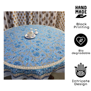 Premium Artisan Cotton Round <b>Table</b> <b>Cover</b> Blue Floral Printed Indian Block Print Pattern Reusable Customized Dining <b>Table</b> Linen - Product Image 2