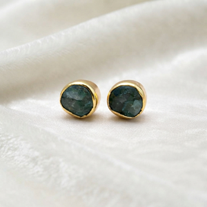 Ratnarachit Genuine Emerald <b>Stud</b> <b>Earrings</b> Brass Gold Bezel Frame Natural Green Gemstone Minimalist Handmade Wire Wrapped Women's - Product Image 1
