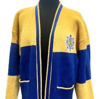 Cardigan long en tricot personnalisé pour femme, motif Sigma Gamma Rho, bleu et or, 1922, avec écusson brodé, pour sororité grecque