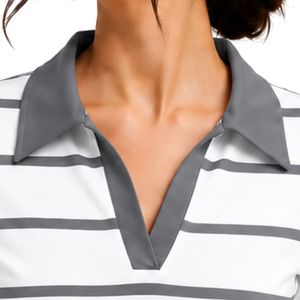 Polo rayé blanc et gris pour femme, manches courtes, col rabattu, coupe ajustée, haut décontracté d'été, fournisseur en gros personnalisé - Product Image 5